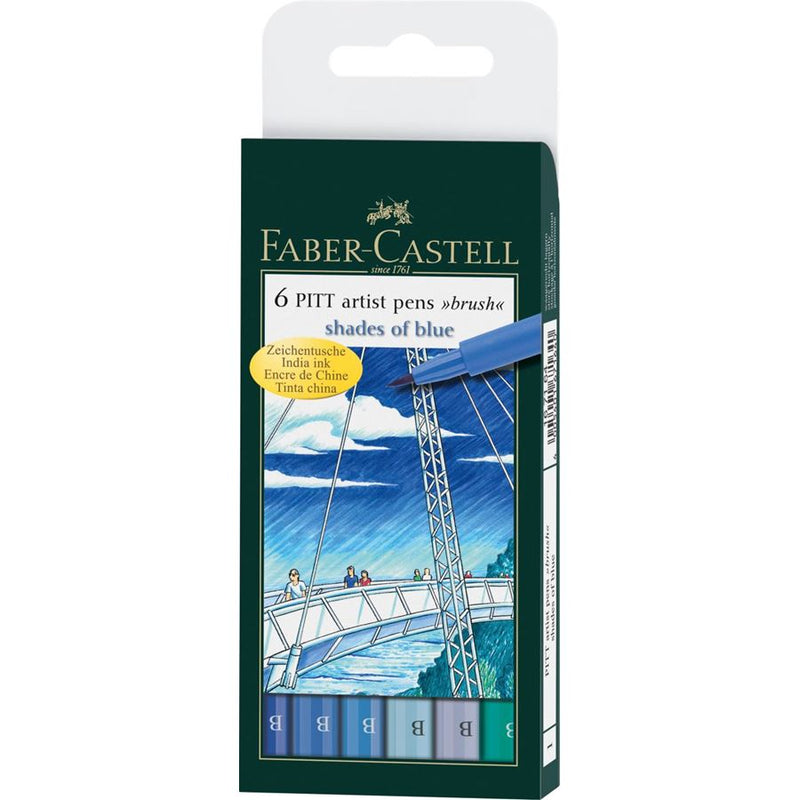 SET 6 PITT ARTIST PENS BRUSH SHADES OF BLUE FABER CASTELL