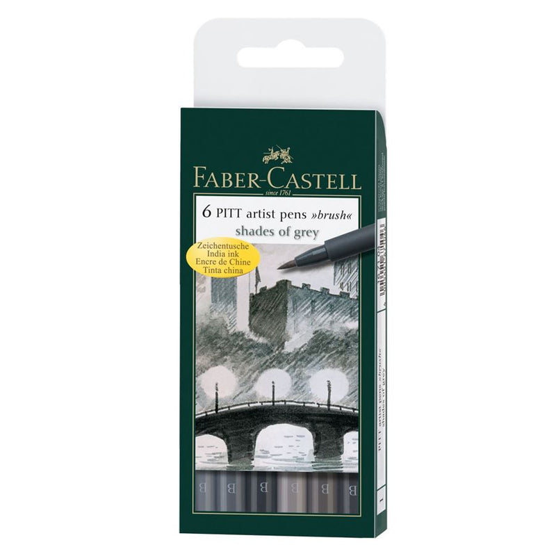 SET 6 PITT ARTIST PENS BRUSH SHADES OF GREY FABER CASTELL