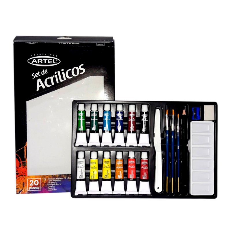 Set Pintura Acrílica 12 Colores + 3 Pinceles + Grafitos - Artel
